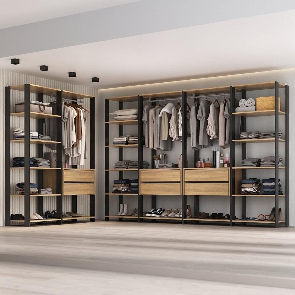 Closet Aberto Modulado Arara Organizadora Com Cabideiro 405cm Allegra Multimóveis Mp4391 Preto/madeirado
