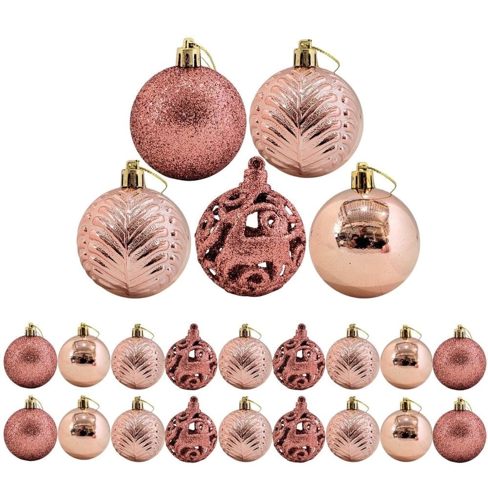 Jogo 18 Bolas Natal Textura Folha Palmeira Rosê Metalizado Luxo e Glitter Vazado 6cm