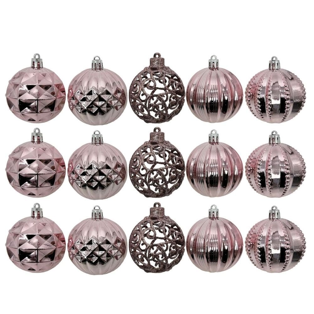 Kit 18 Bolas Natal Luxo Rosê Gold Textura Metalizada e Arabesco Glitter Vazado 6cm