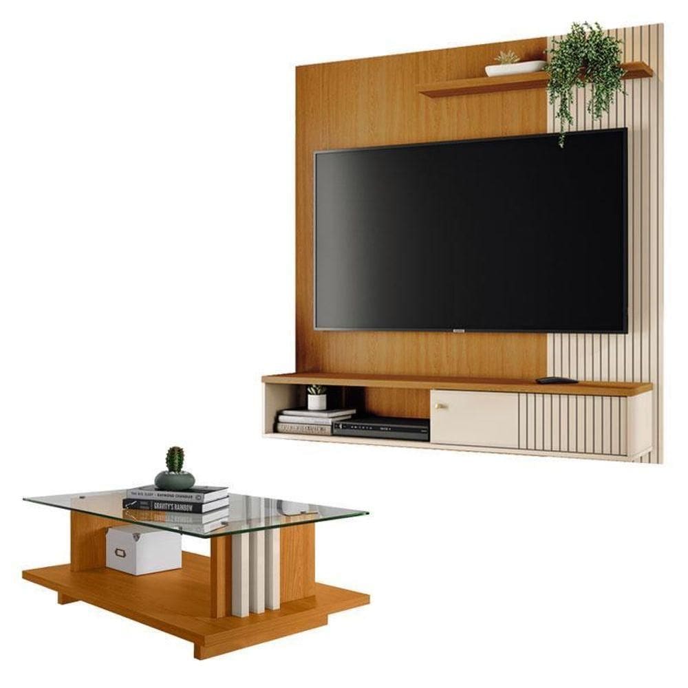 Estante Home Theater Suspenso Aurora Com Mesa De Centro Frizz Cinamomo Off White - Madetec