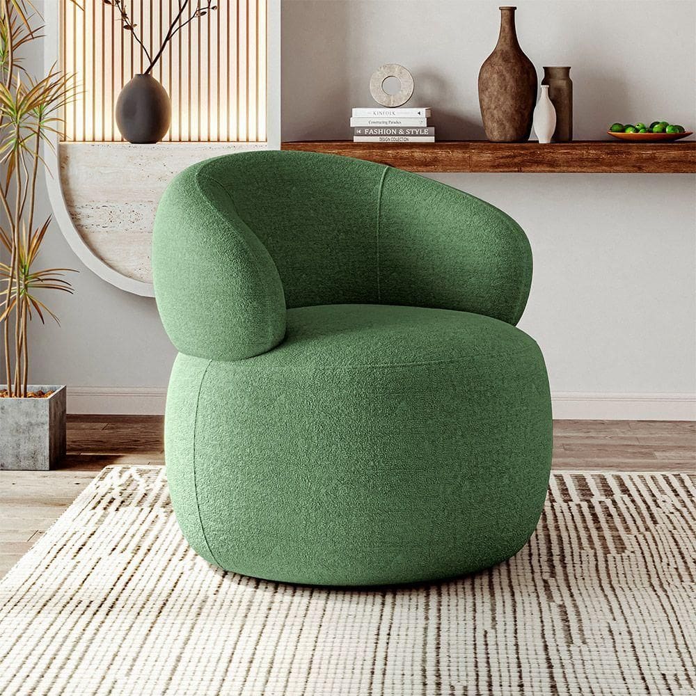 Poltrona Design Orgânico Moderno E Sofisticado Eloah Base Giratória Bouclé Italiano Verde Selva