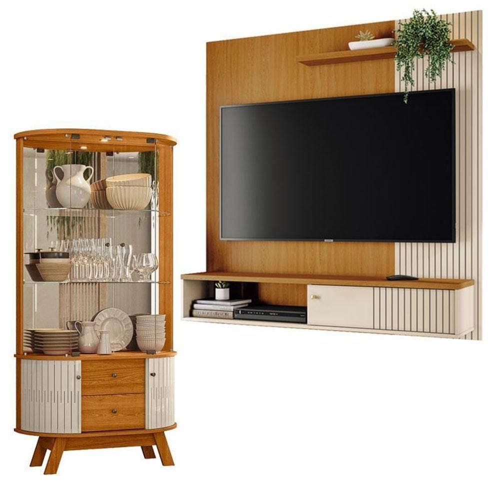 Estante Home Theater Suspenso Aurora Com Cristaleira Moss Cinamomo Off White - Madetec