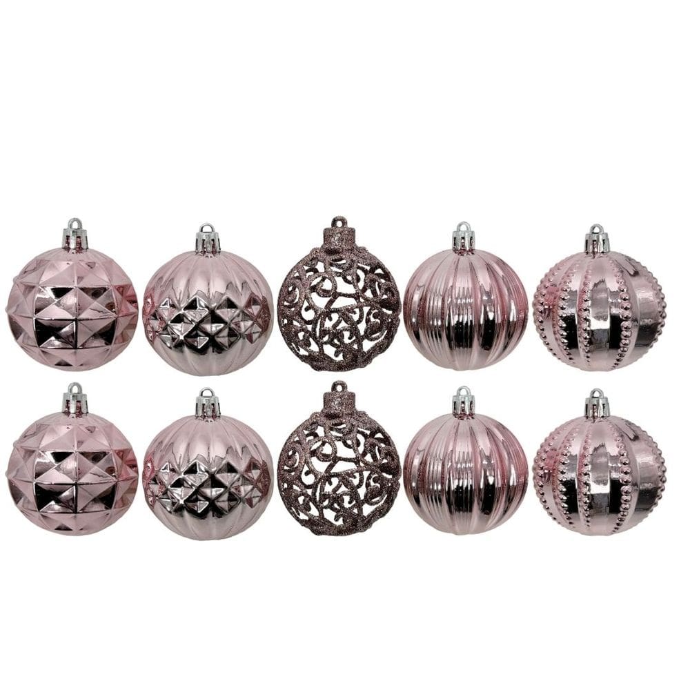 Kit 12 Bolas Natal Luxo Rosê Gold Textura Metalizada e Arabesco Glitter Vazado 6cm