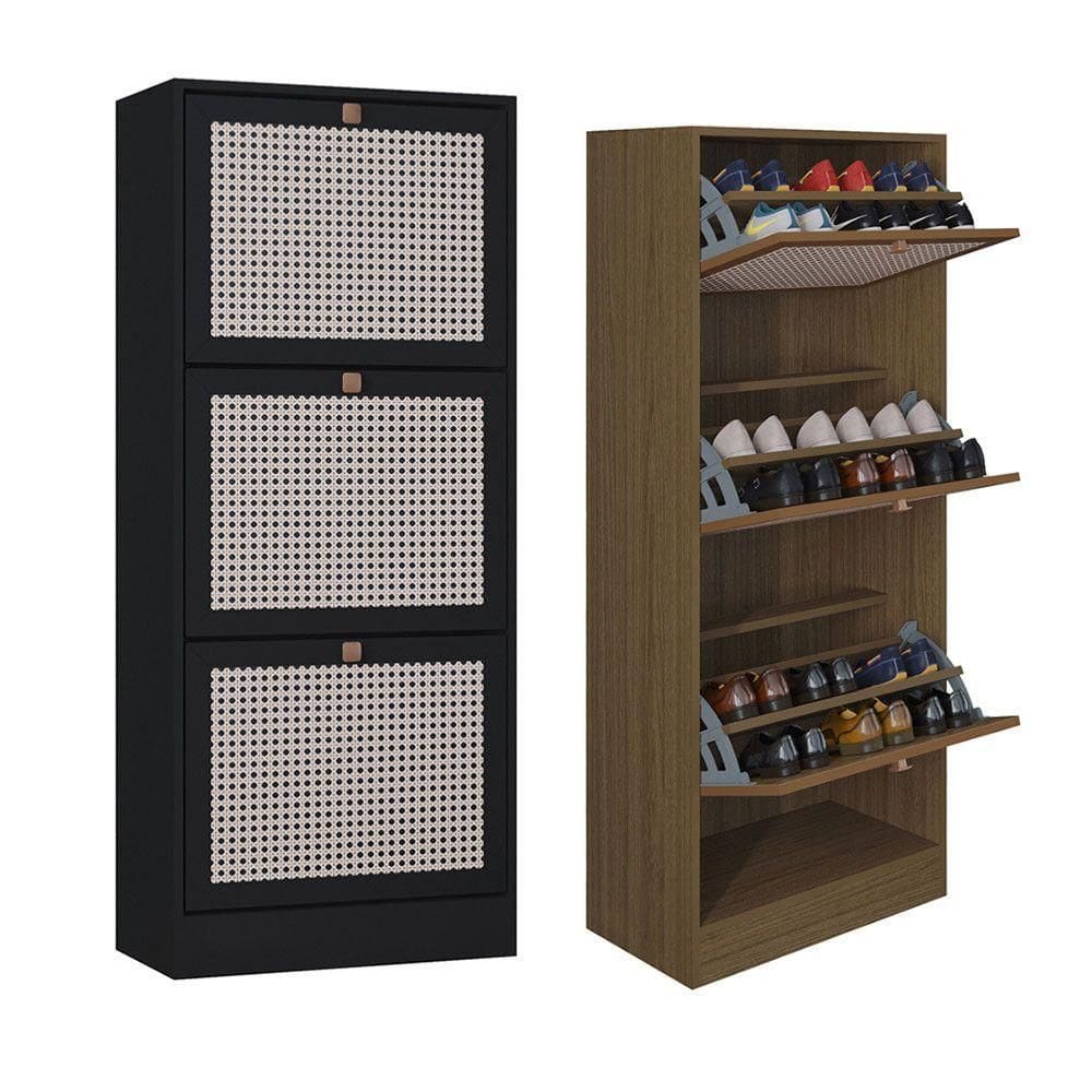 Kit 2 Sapateiras Tropical 3 Portas Multiuso Vertical Poquema Carvalho-preto