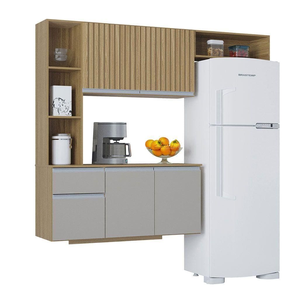 Kit Cozinha Suspensa Mel Com Balcão 163cm Poquema Móveis Damasco - Ripado - Offwhite