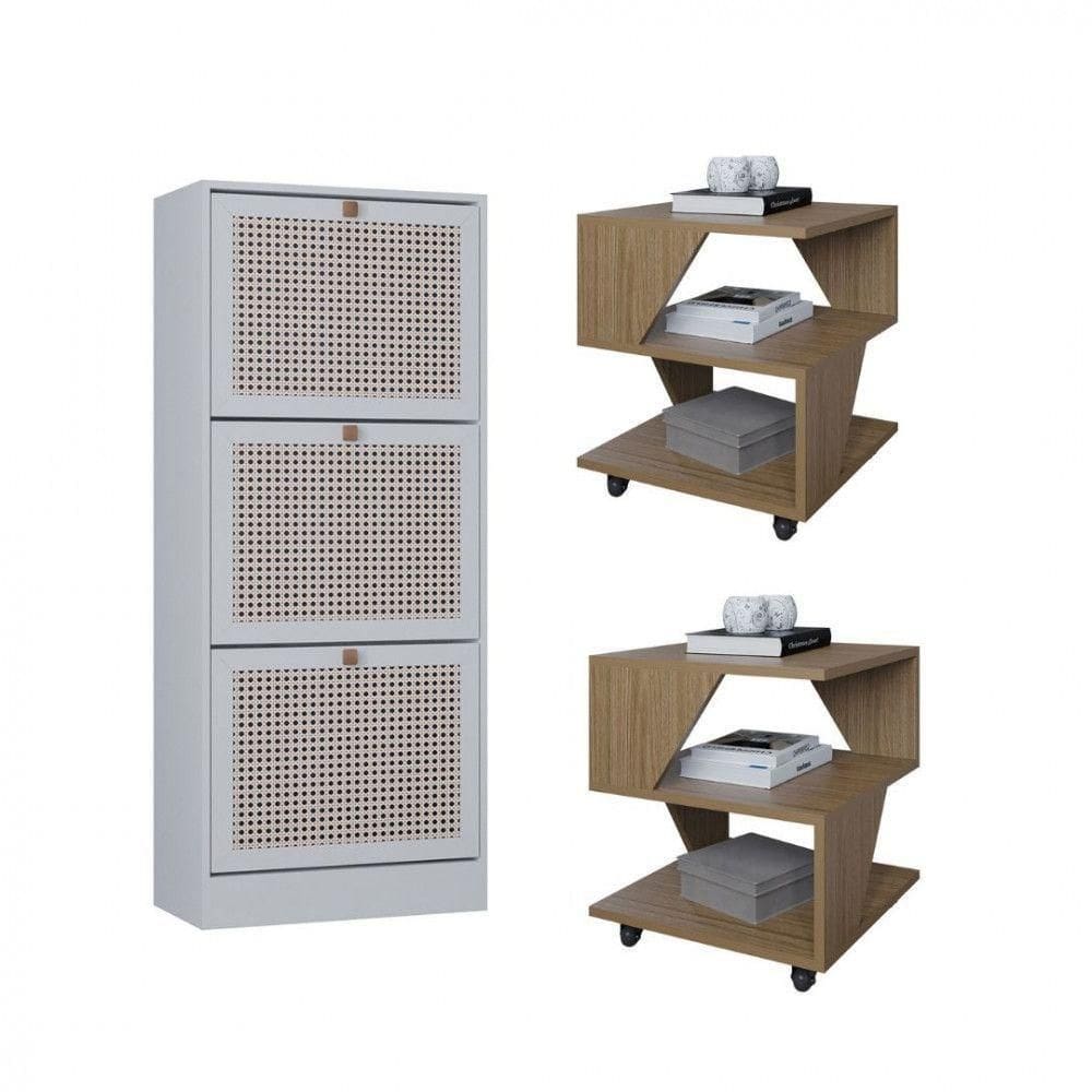 Kit Sapateira Spin Tropical 3 Portas E 2 Mesas De Cabeceira Carvalho-branco