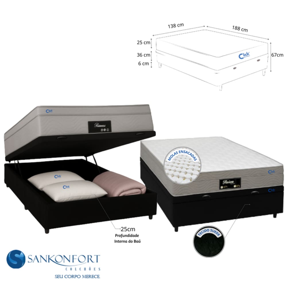 Conjunto Cama Box Baú Casal Suede Blindado + Colchão Molas Ensacadas Riviera Sankonfort 138x188