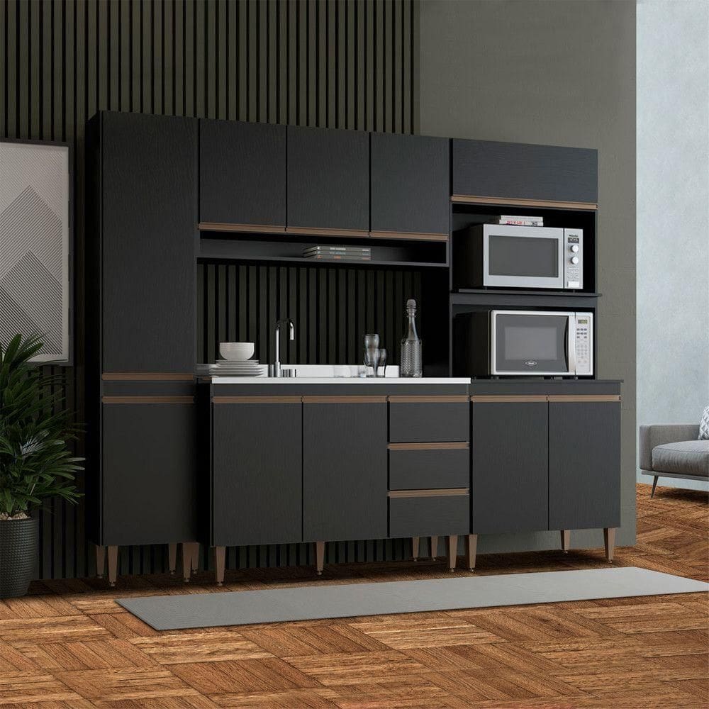 Cozinha Compacta Para Apartamento 240x202 4 Pçs Menu Móveis Preto