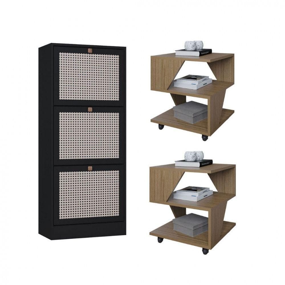 Kit Sapateira Spin Tropical 3 Portas E 2 Mesas De Cabeceira Carvalho-preto