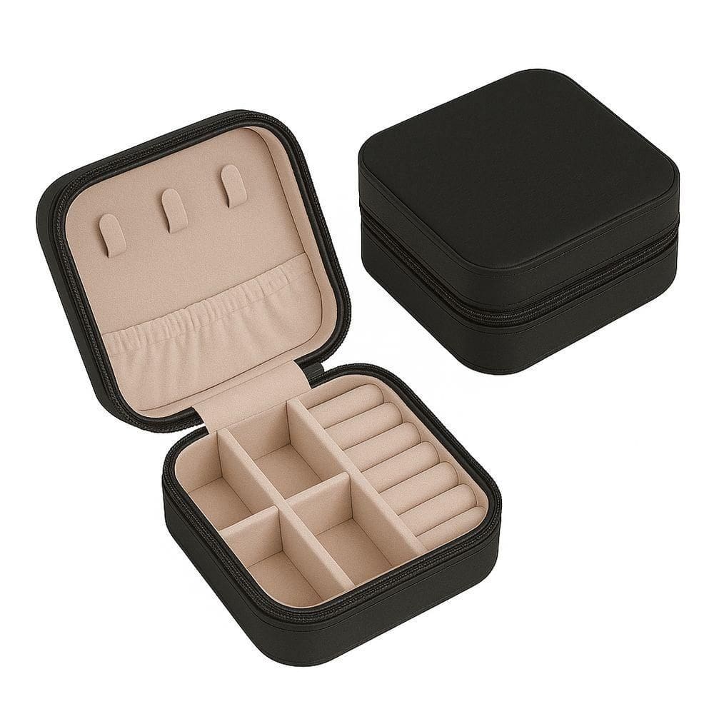 Porta-joias De Viagem Compacto Com Zíper – Couro Sintético, Compartimentos Para Anéis, Colares E Brincos Preto