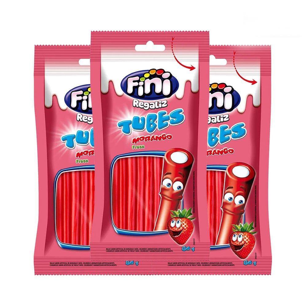 Balas Fini Tubinho de Morango Doce 80g | Kit com três unidades