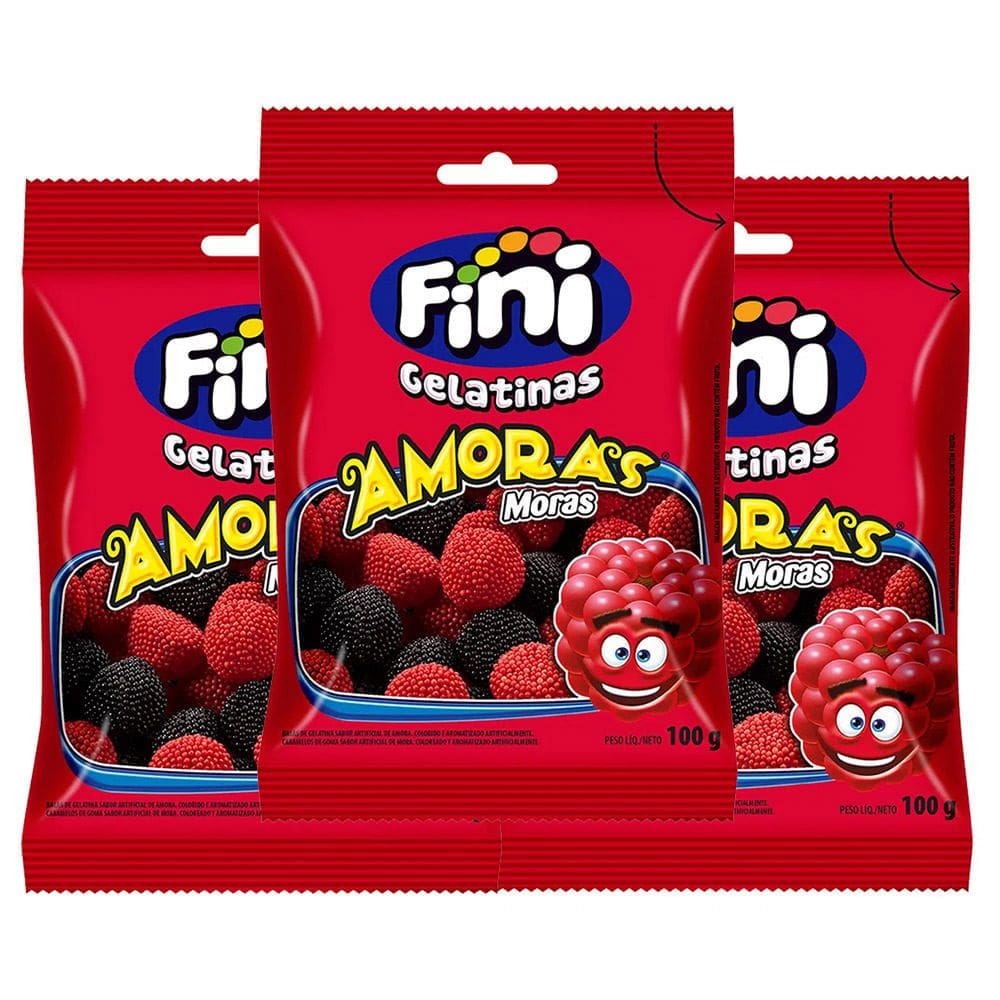 Balas de Gelatina Fini Amoras 100g | Kit com três unidades
