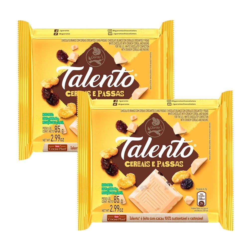 Kit 2 Chocolate Garoto Talento Branco com Cereais e Passas 85g