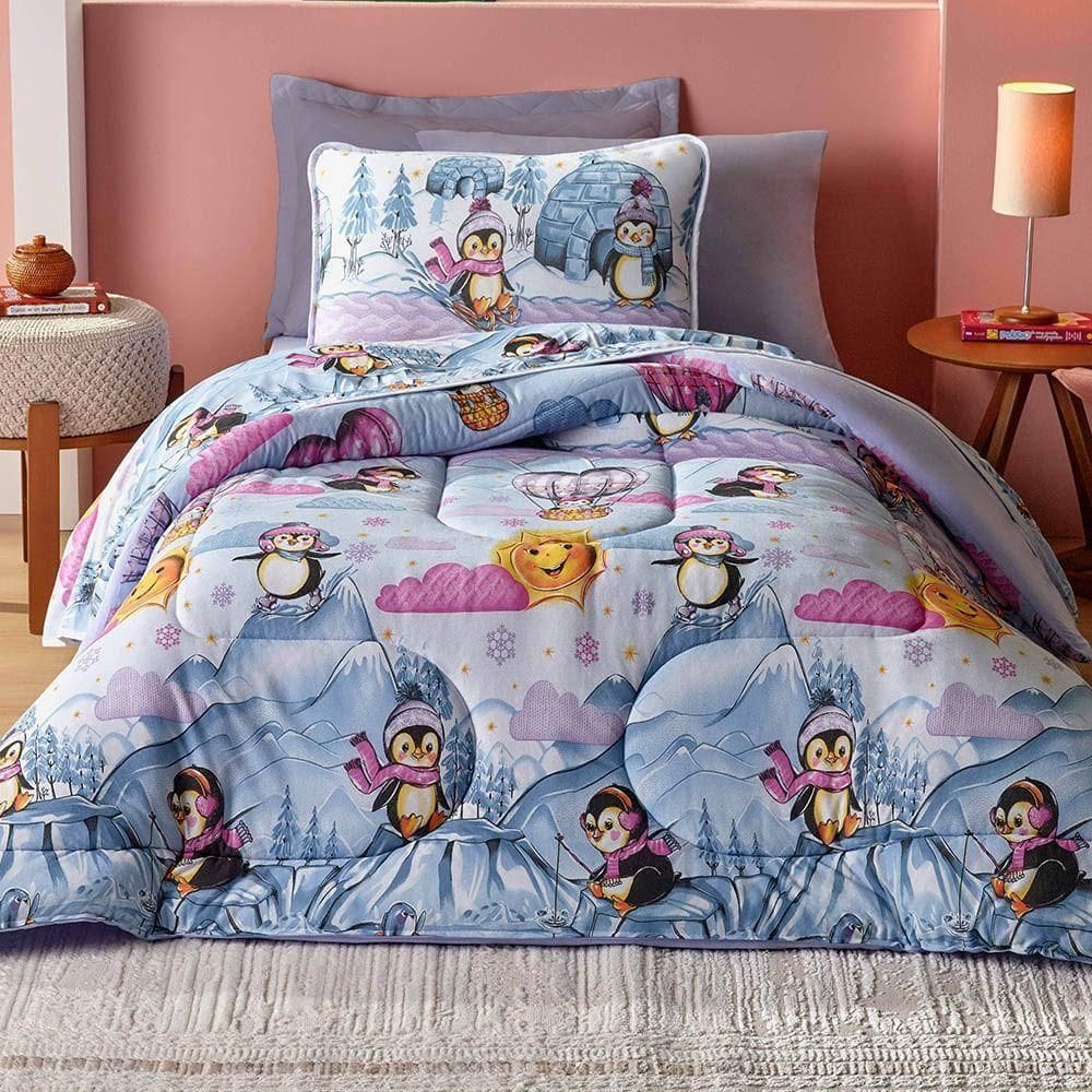 Edredom Mymo Solteiro Dupla Face Malha Pinguim - 100% Algodão