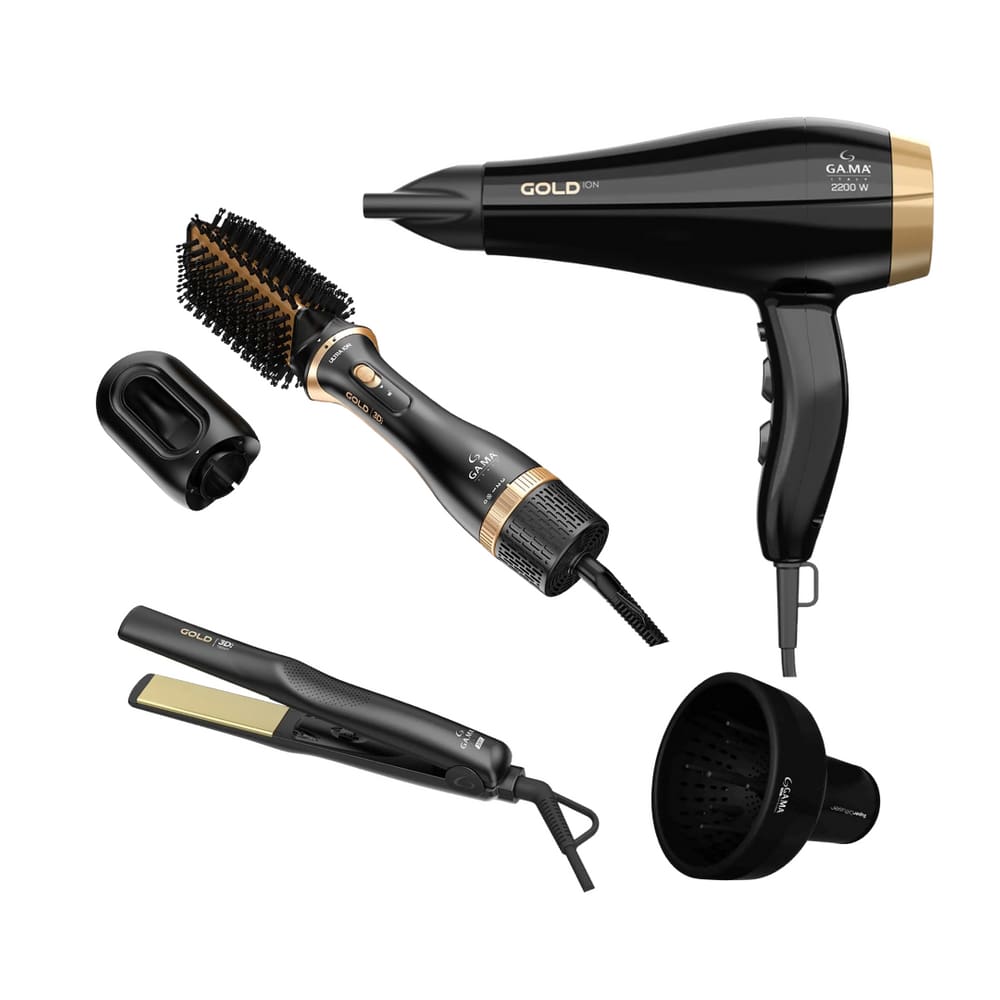 Kit Gama Gold Ion - Secador 2200W 220V + Escova Alisadora 1200W + Prancha 220ºc + Difusor