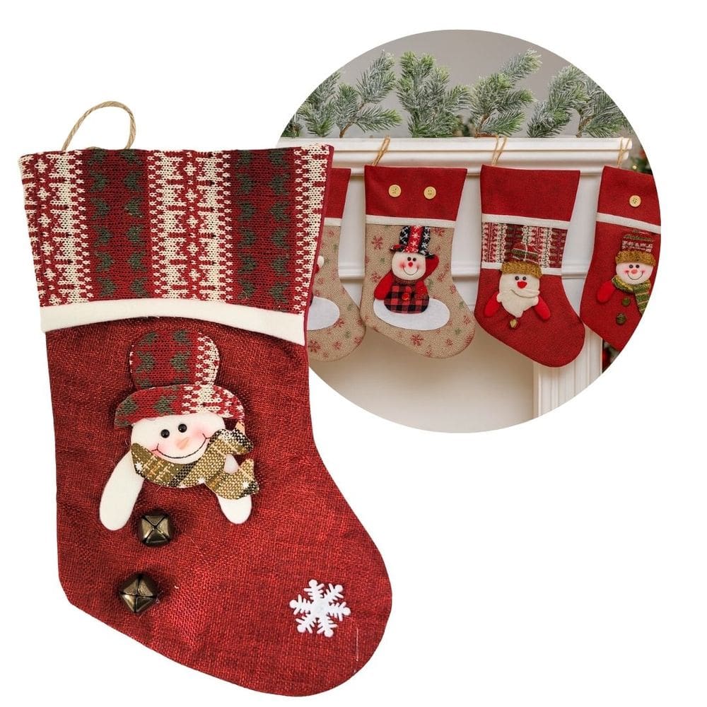 Bota Decorativa Meia Natal Boneco de Neve Tecido Linho Vinho e Xadrez com Guizo 35cm