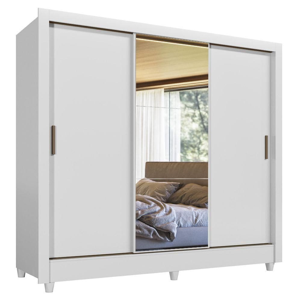 Guarda Roupas Casal Com Espelho 3 Portas De Correr 2 Gavetas França Andirá Branco