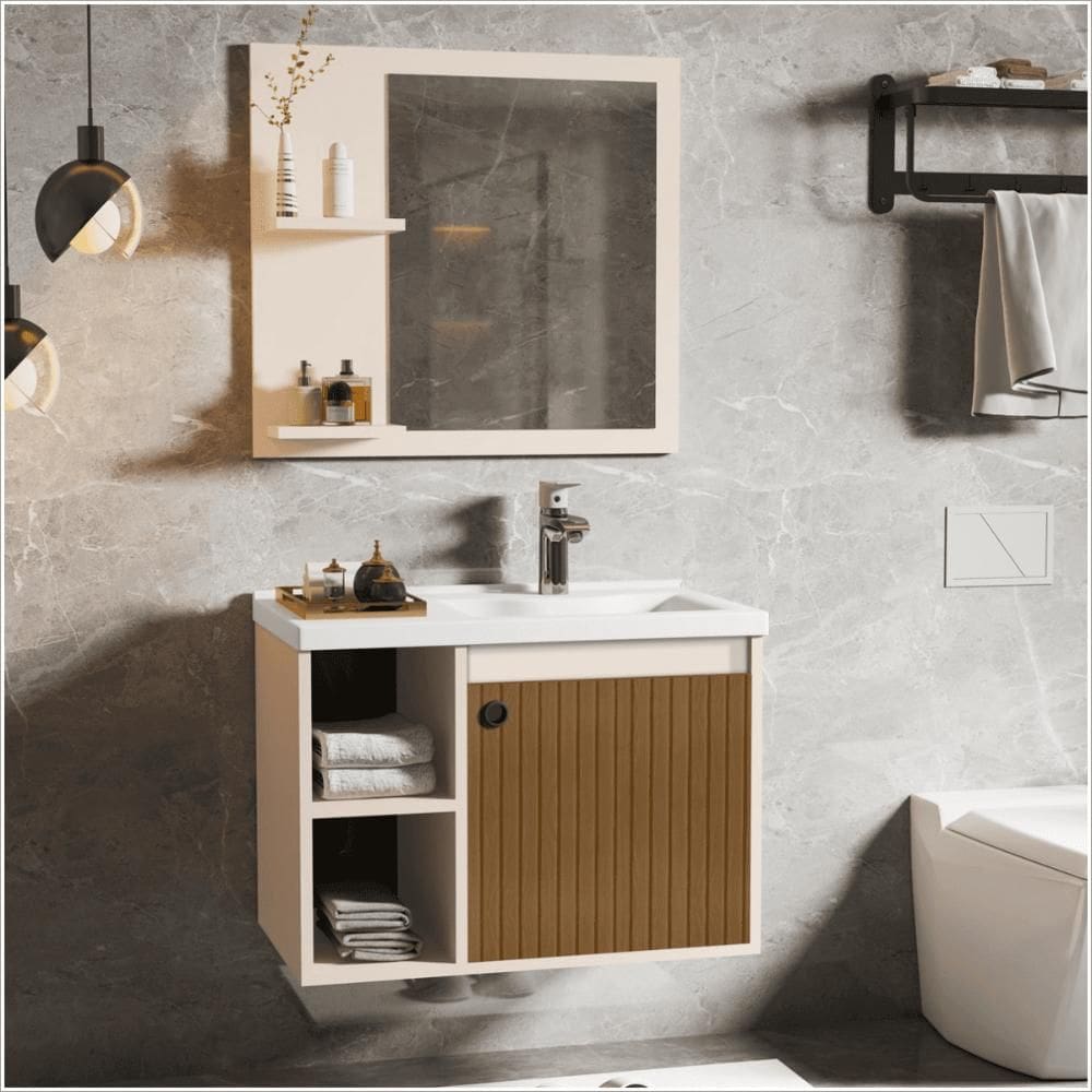 Conj Gabinete c/ Espelheira e Cuba para Banheiro Adonis Perola Ripado