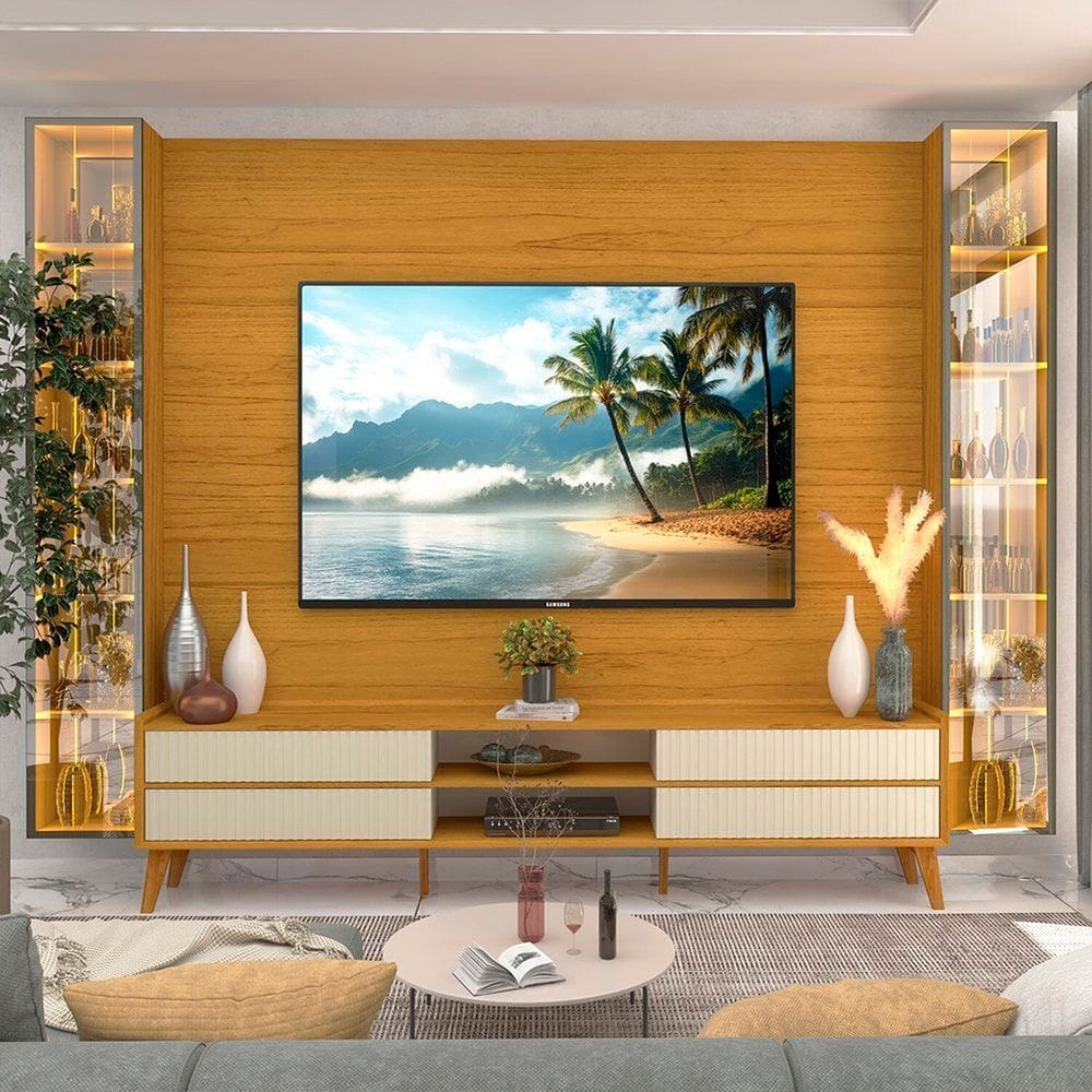 Rack com Painel para Tv 84 Polegadas com Led 4 Gavetas 2 Portas 293cm 100% Mdf Luminare/magnífico Naturale/Off White