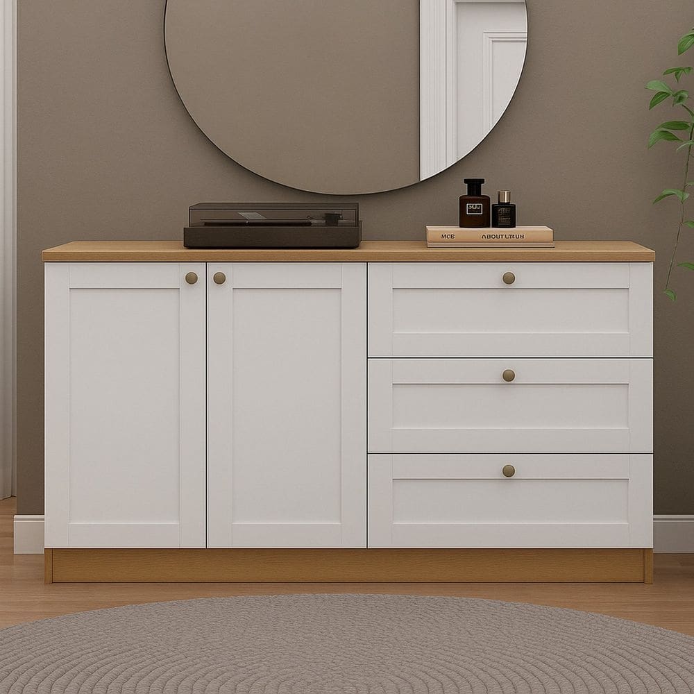 Kit Cômoda 3 Gavetas e Armário 2 Portas Provençais 100% Mdf Infinity Savana/Branco