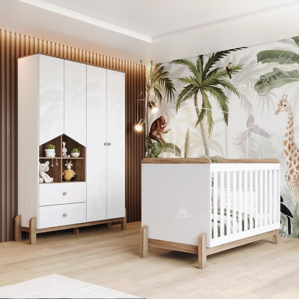 Conjunto Quarto de Bebê Berço e Roupeiro Ternura Branco/Jequitibá