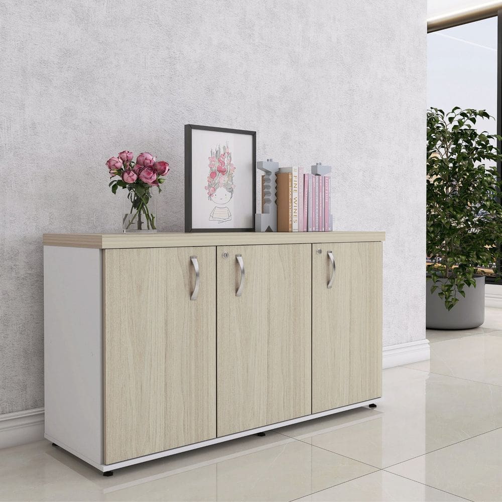 Armário 3 Portas Pivotante Credenza Branco/Castanheira