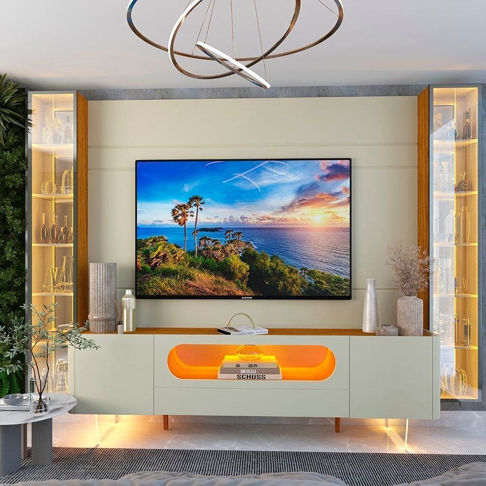 Rack com Painel para Tv 84 Polegadas com Led 1 Gaveta 4 Portas 293cm 100% Mdf Luminare/nobre Off White/Naturale