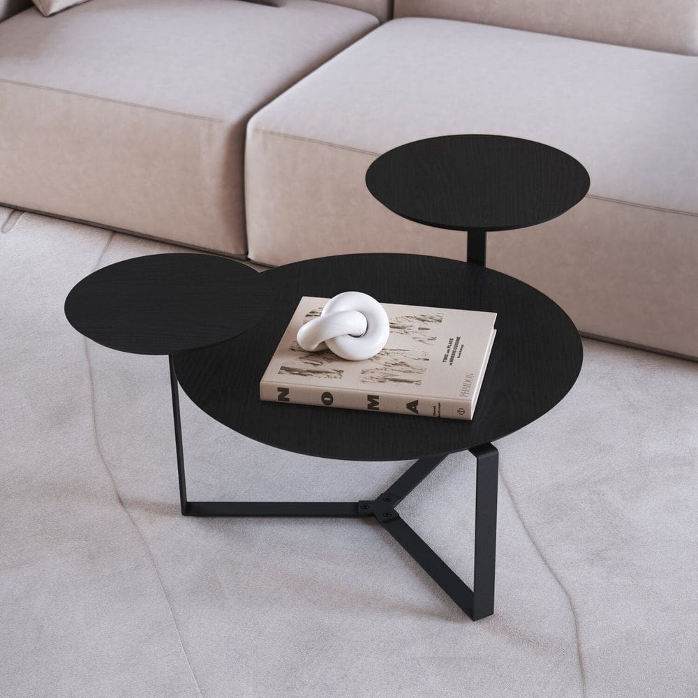 Mesa de Centro Três Tampos Chanfrado Orgânica Pé Metal Complementos Nero/Preto