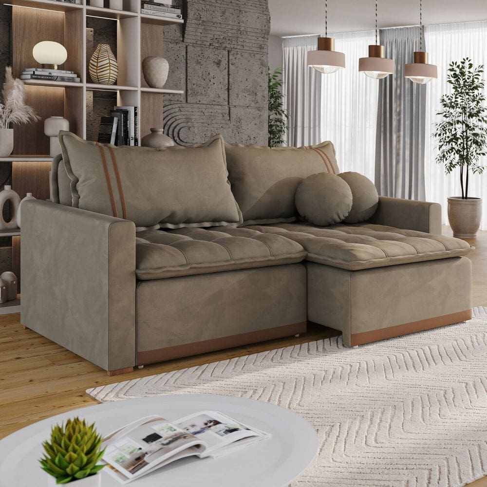 Sofá Cama em Madeira Eucalipto e Veludo 220cm Flórida Bege