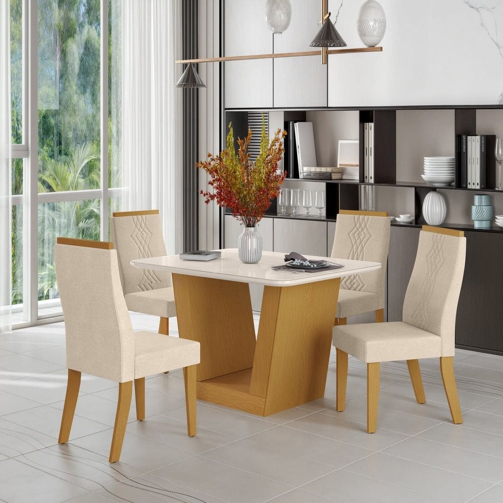 Mesa Viena 120cm X 90cm Tampo Mdf Vidro 4 Cadeiras Luna Marrom /Bege
