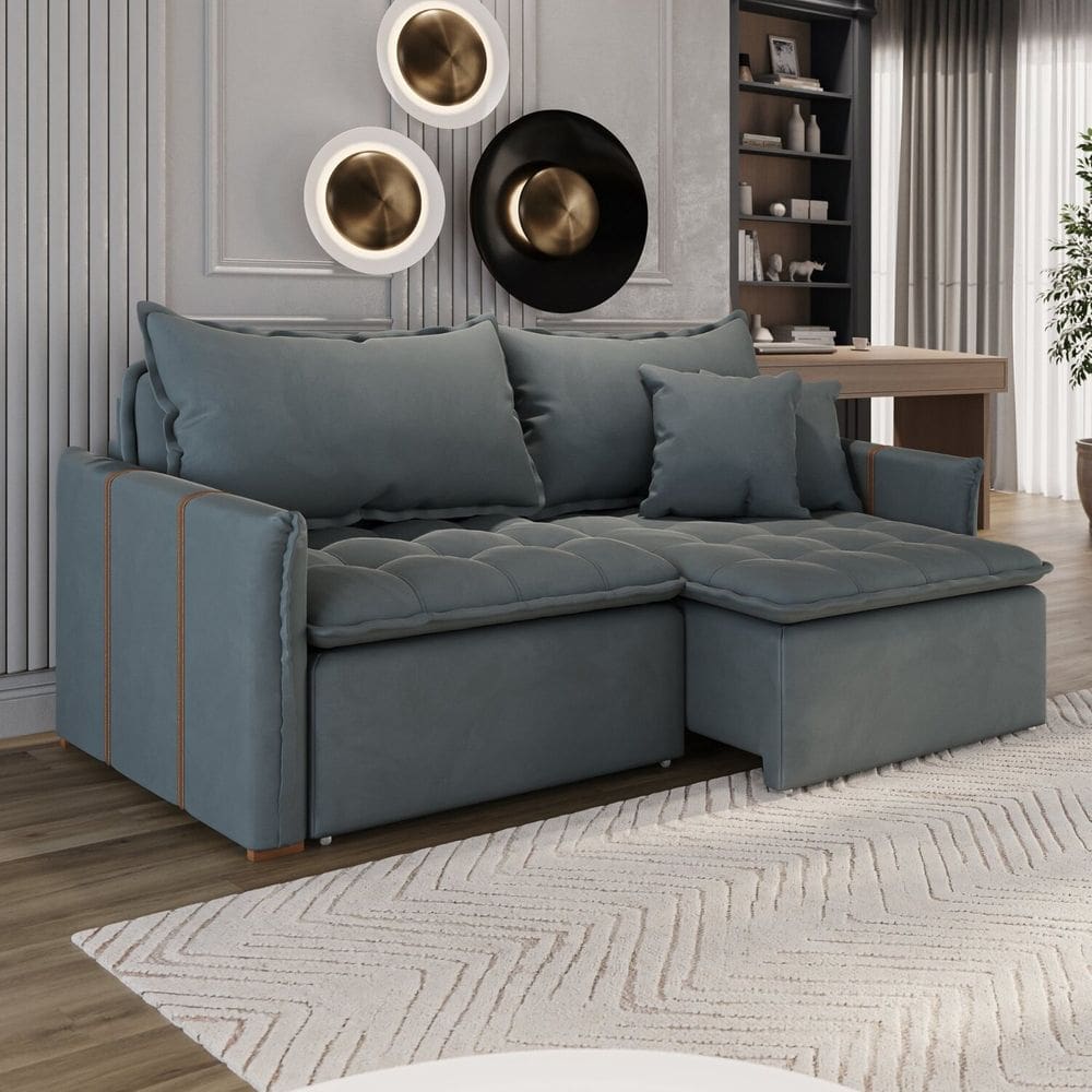 Sofá Cama em Madeira Eucalipto e Veludo 220cm Creta Cinza