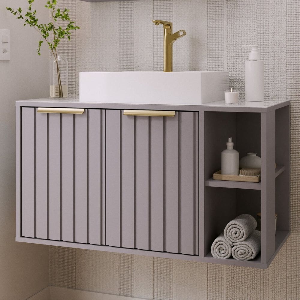 Gabinete para Banheiro 80cm com 2 Portas 2 Nichos e Cuba de Sobrepor Noruega Cinza