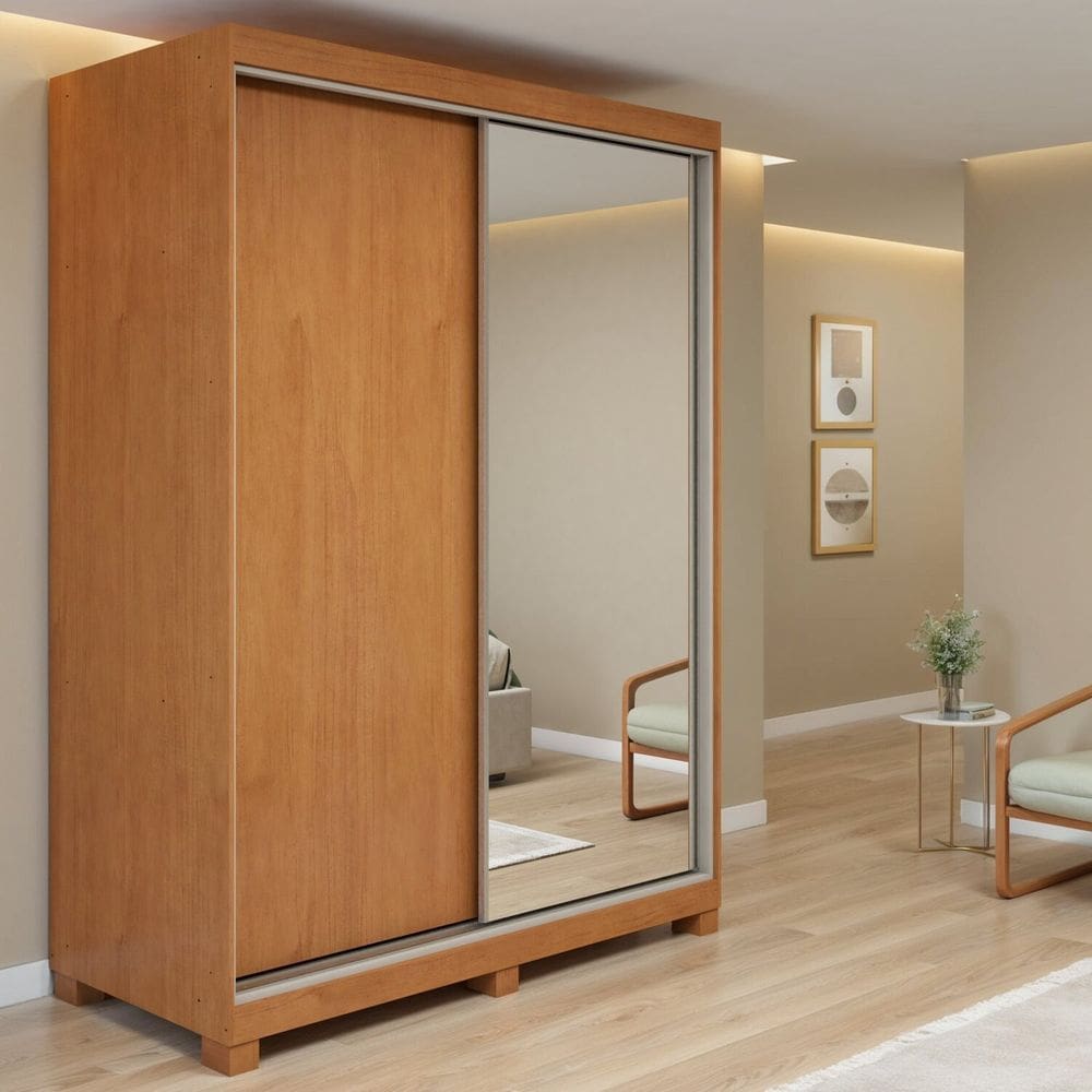 Guarda-roupa Nord 2 Portas 1 Porta Glass 2 Gavetas 100% Mdf com Pés Quadrix Amêndoa Clean/Off White