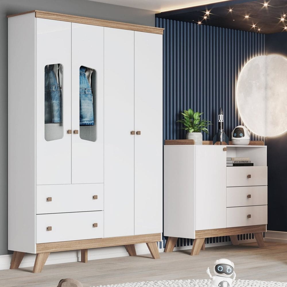 Conjunto Cômoda e Roupeiro de Bebê Retrô Confete Branco/Jequitibá