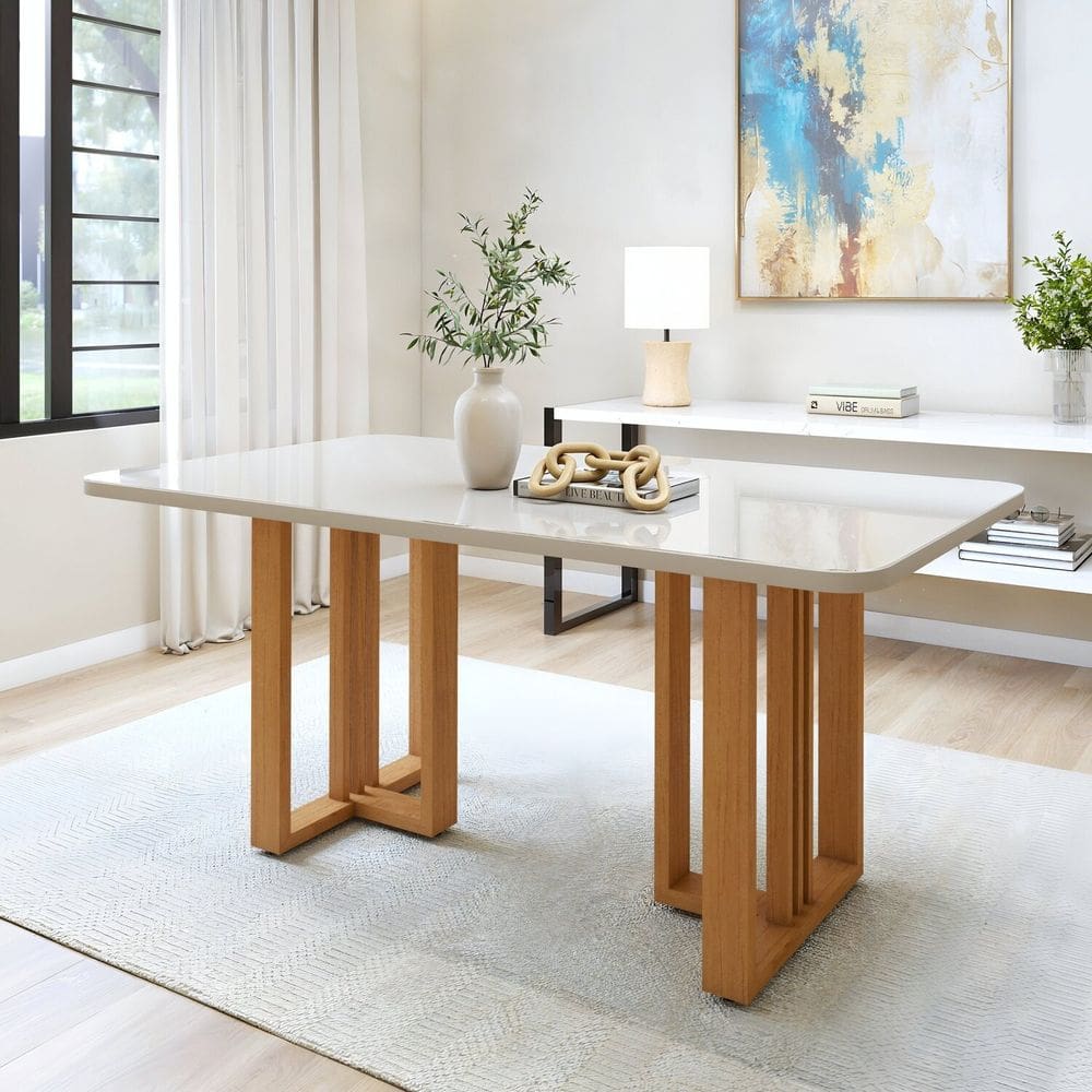 Mesa de Jantar 170cm Maxi Tampo 4cm e Vidro 4,4cm Bold Tessera Amêndoa Clean/Off White