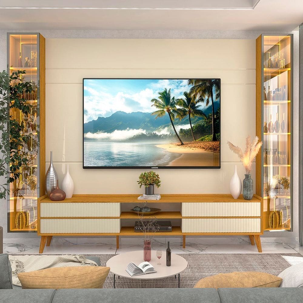 Rack com Painel para Tv 84 Polegadas com Led 4 Gavetas 2 Portas 293cm 100% Mdf Luminare/magnífico Off White/Naturale