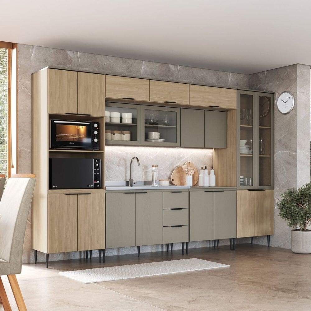 Cozinha Completa 8 Peças com Cristaleira e Aéreo de Vidro Lavínia Imperial/Fumê