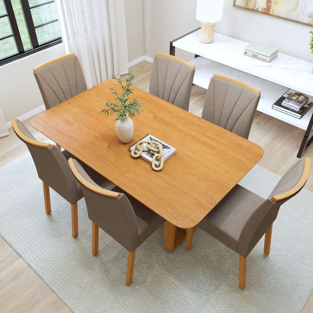 Conjunto Sala Jantar Mesa Bold 170cm Tampo no Glass 6 Cadeiras Pés Madeira Maciça Jade Amêndoa Clean/Animale Bege