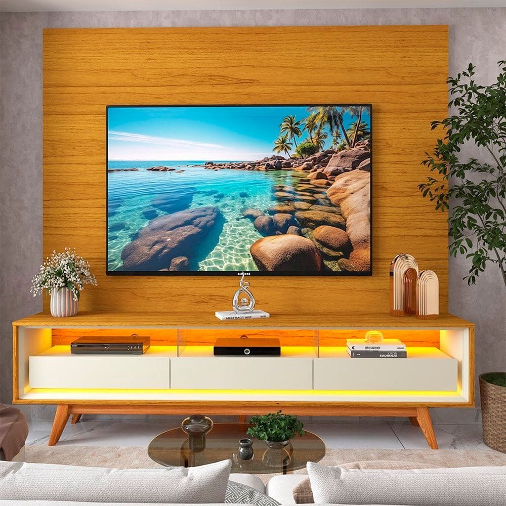 Rack com Painel para Tv 84 Polegadas com Led 3 Gavetas e Pés 217cm 100% Mdf Luminare/requinte Naturale/Off White