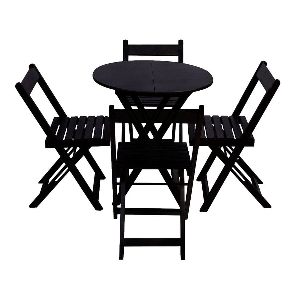 Conjunto Premium de Mesa Dobrável de Madeira 60cm Redondo com 4 Cadeiras Preto
