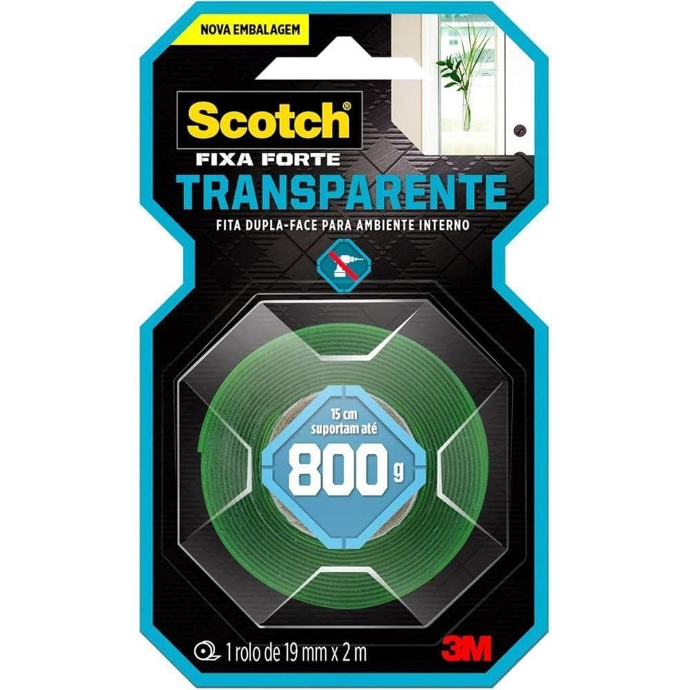 Scotch, 3m, Fixa Forte, Fita Dupla Face, Transparente, 19mm X 2m