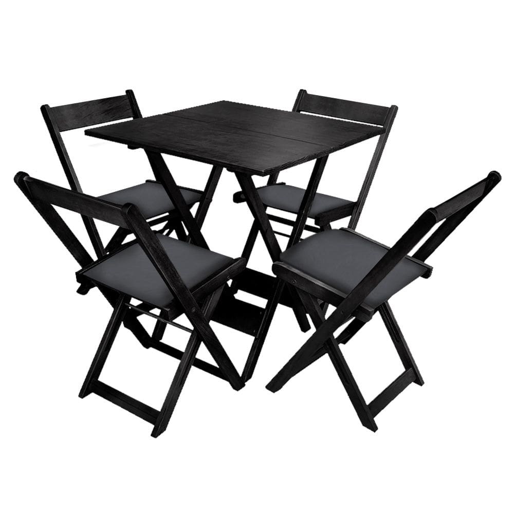 Conjunto de Mesa Dobrável de Madeira 60x60 com 4 Cadeiras Preto Estofado Preto