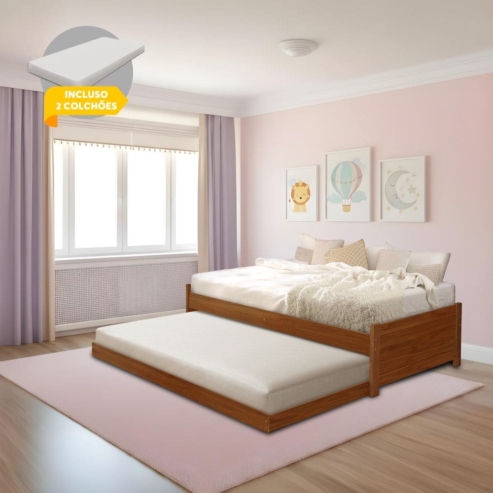 Cama Solteiro com Auxiliar Bibox Bicama Infantil Gabrieli com 2 Colchões Inclusos Castanho
