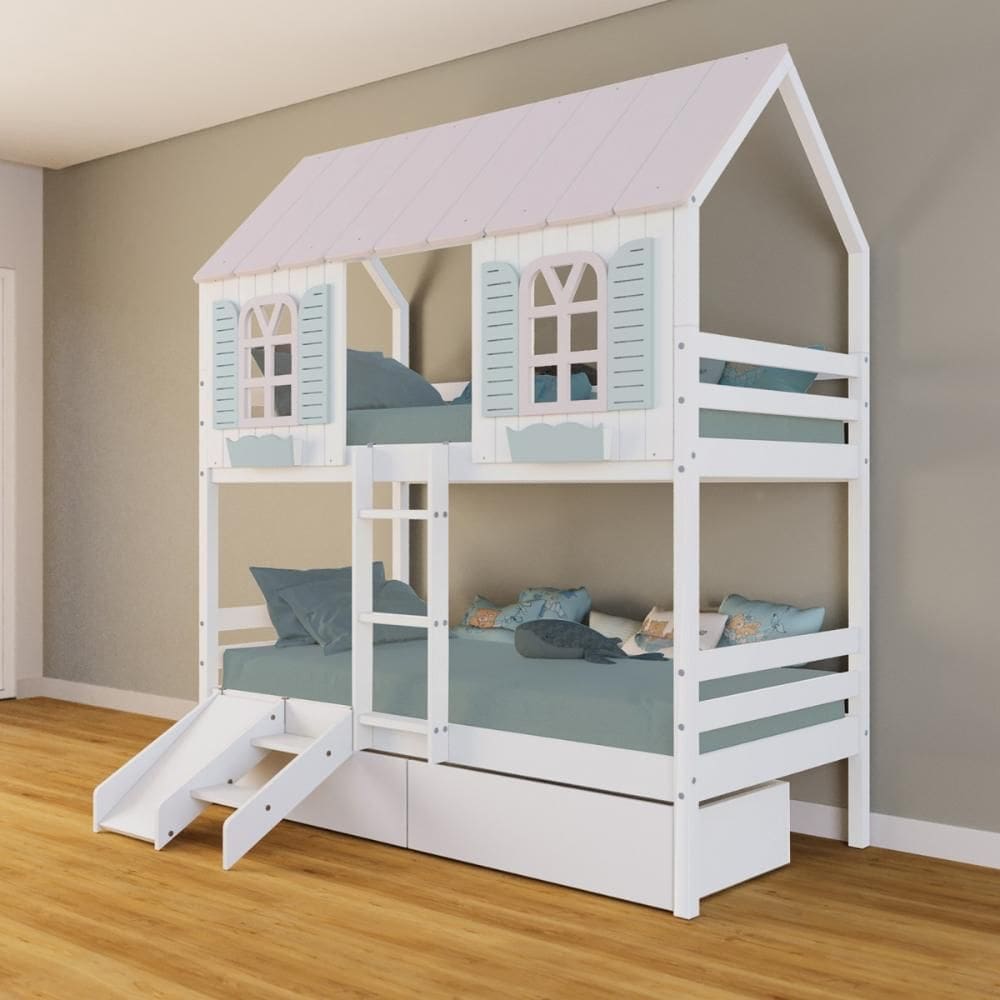 Beliche Casinha Bela com 2 Gavetas Kit Escada/Escorregador - Madeira Maciça Branco/Rosa/Verde | Housin