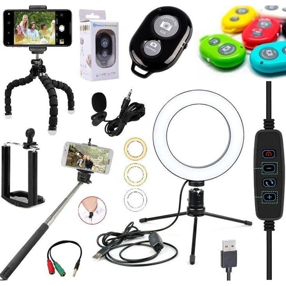 Kit Youtuber Microfone Lapela Tripé Celular + Iluminador Luz