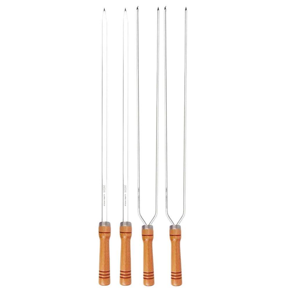 Kit 4 Espetos 75Cm Preparo Churrasco Cabo Madeira Aço Mor