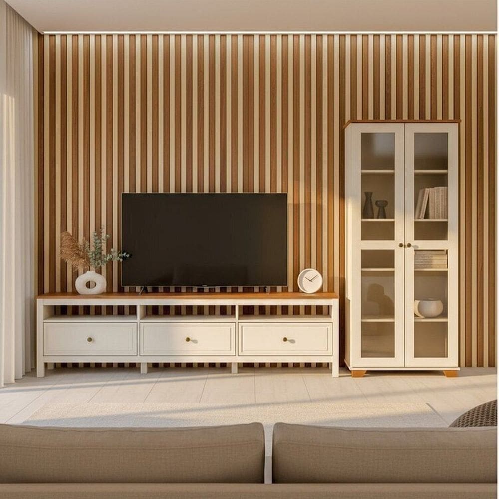 Conjunto de Sala 2 Peças com Rack 210cm e Cristaleira Madeira Maciça Ananda Cabecasa Madeiramadeira Off White/Mel