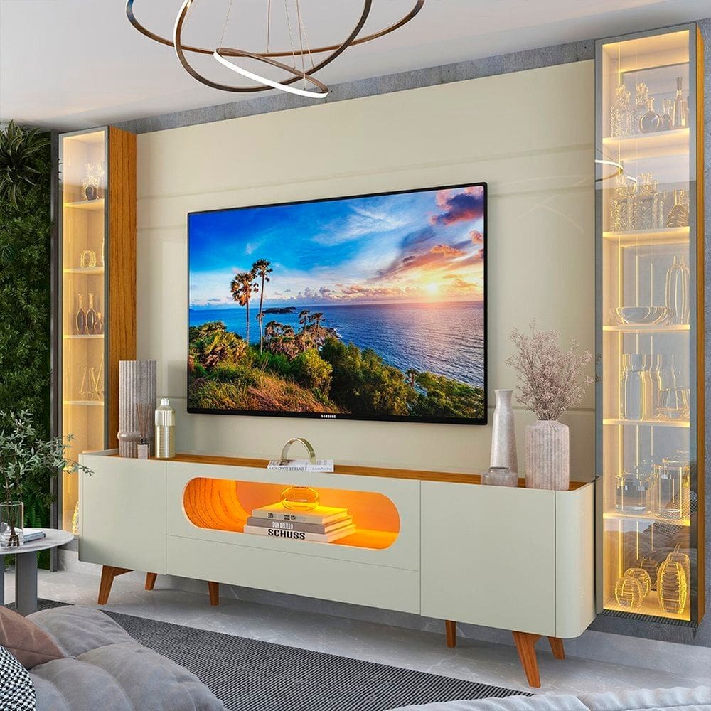 Rack com Painel para Tv 84 Polegadas com Led Espelhos 293cm 100% Mdf Luminare/nobre Off White/Naturale