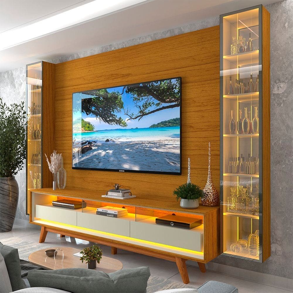 Rack com Painel para Tv 84 Polegadas em Led Espelhos 293cm 100% Mdf Luminare/requinte Naturale/Off White