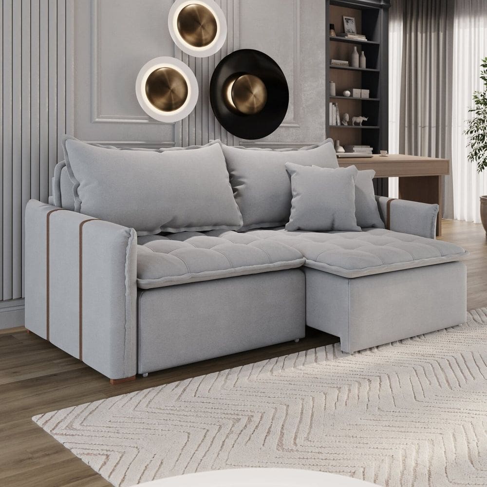 Sofá Cama em Madeira Eucalipto e Linho 200cm Creta Cinza Claro